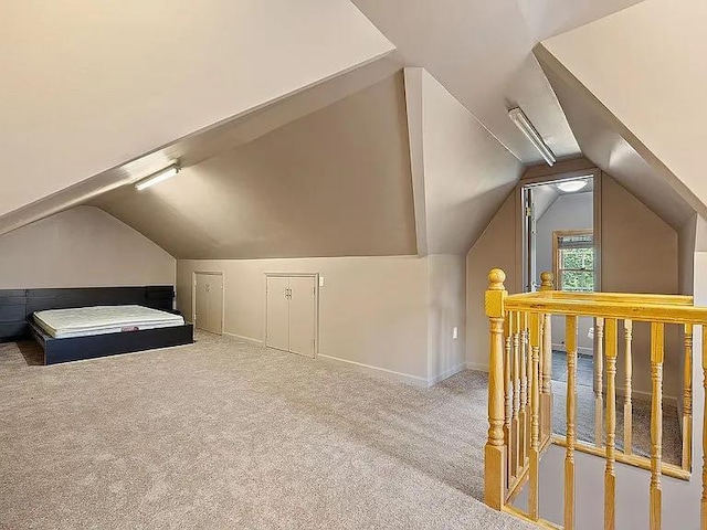 bonus room with lofted ceiling and carpet floors