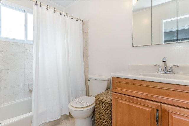 full bathroom with shower / bath combo, vanity, and toilet