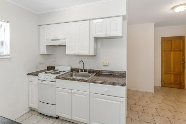 kitchen featuring white cabinets, tasteful backsplash, sink, and electric range