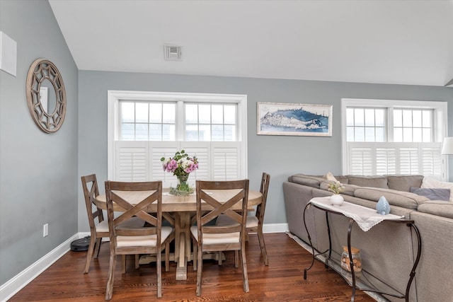 dining space featuring baseboards, visible vents, dark wood-type flooring, and a wealth of natural light