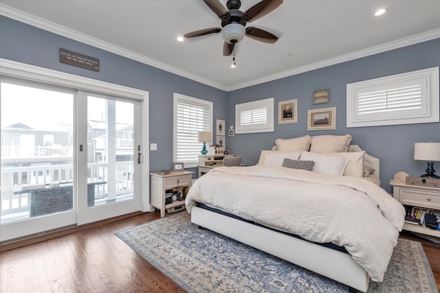 bedroom with ceiling fan, recessed lighting, wood finished floors, access to outside, and ornamental molding