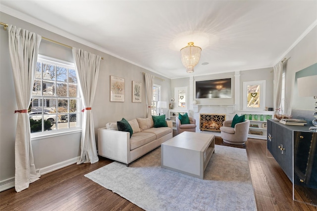 living area featuring a warm lit fireplace, dark wood-type flooring, and crown molding