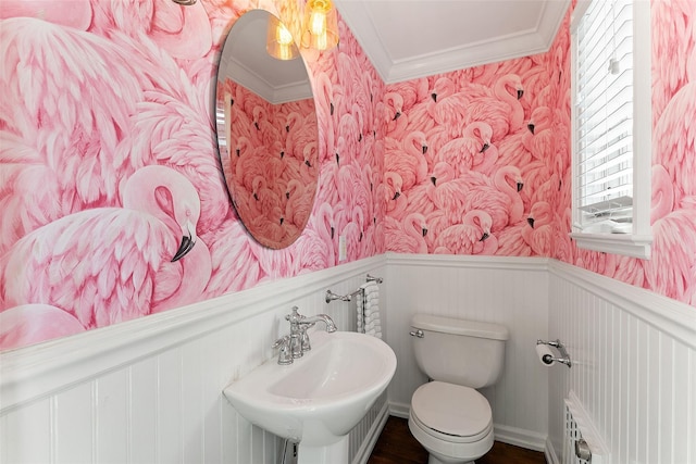 half bath with toilet, a sink, wainscoting, wallpapered walls, and crown molding