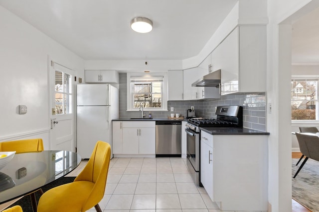 kitchen with under cabinet range hood, a sink, white cabinets, appliances with stainless steel finishes, and dark countertops