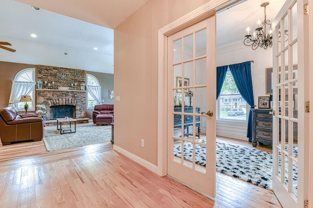 34 Clark Ln, Harriman, NY 10926 - doorway to outside with french doors, plenty of natural light, wood finished floors, a chandelier, and recessed lighting