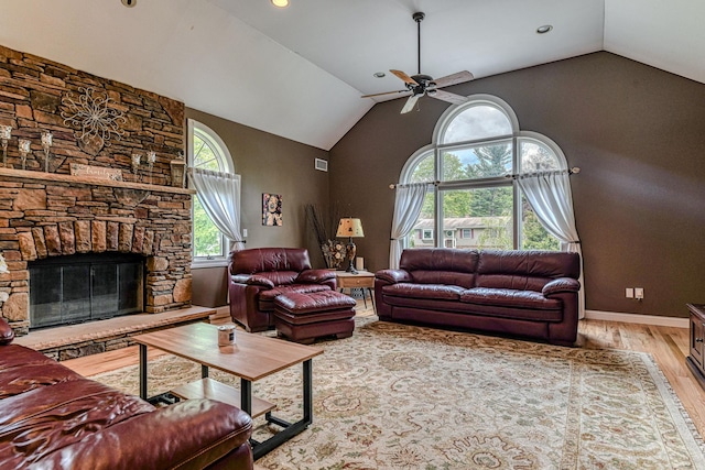 34 Clark Ln, Harriman, NY 10926 - living area featuring ceiling fan, wood finished floors, a fireplace, recessed lighting, and high vaulted ceiling