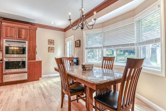 34 Clark Ln, Harriman, NY 10926 - dining area with baseboards, a chandelier, light wood-style floors, and ornamental molding