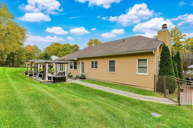 34 Clark Ln, Harriman, NY 10926 - back of house featuring a pergola, a chimney, a patio, and a shingled roof
