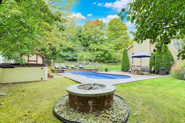 34 Clark Ln, Harriman, NY 10926 - view of yard featuring a hot tub, a patio, and a fire pit