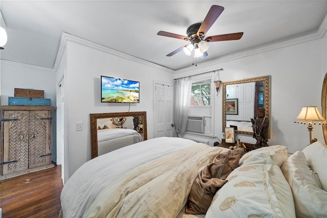 bedroom featuring cooling unit, ceiling fan, crown molding, and dark hardwood / wood-style flooring