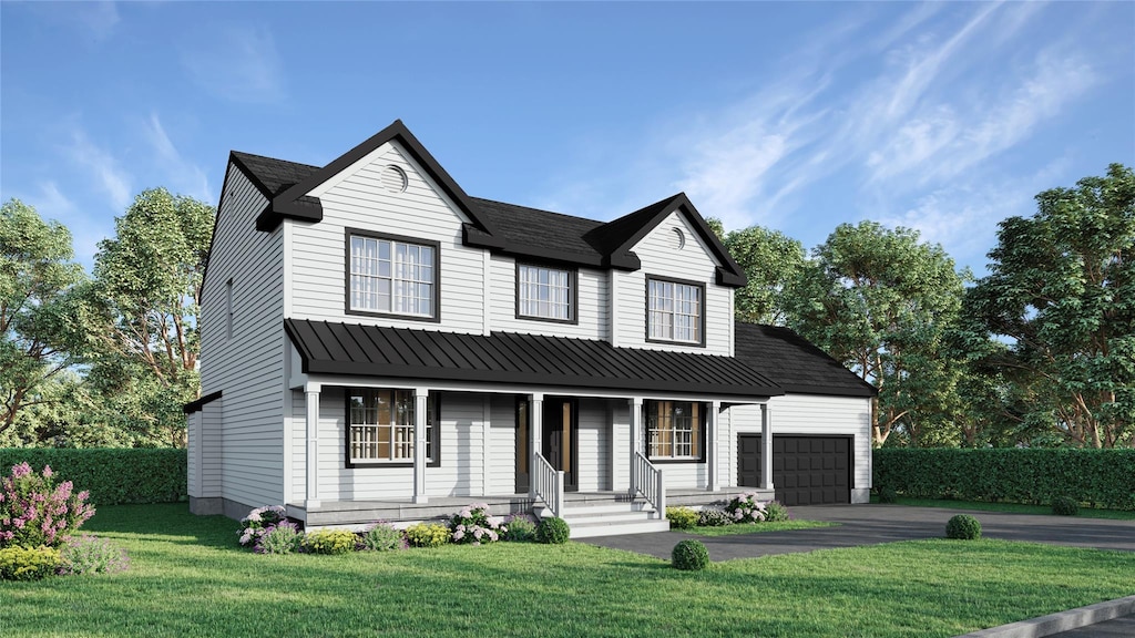 view of front of property with a garage, a front lawn, and a porch