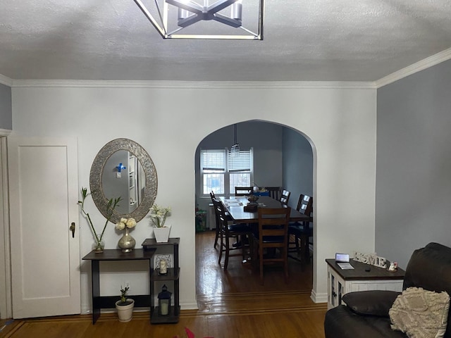 dining space with crown molding, a textured ceiling, and dark hardwood / wood-style flooring