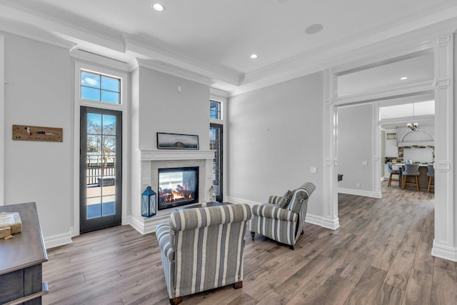 living area with baseboards, ornamental molding, wood finished floors, and a multi sided fireplace