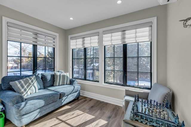 living room featuring baseboards, wood finished floors, and recessed lighting