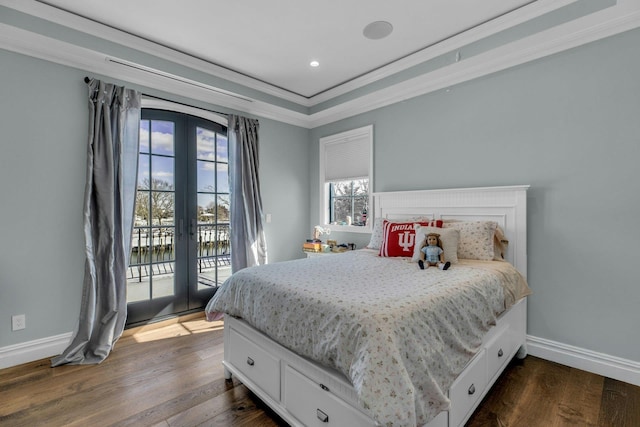 bedroom with dark wood-type flooring, access to outside, french doors, and baseboards