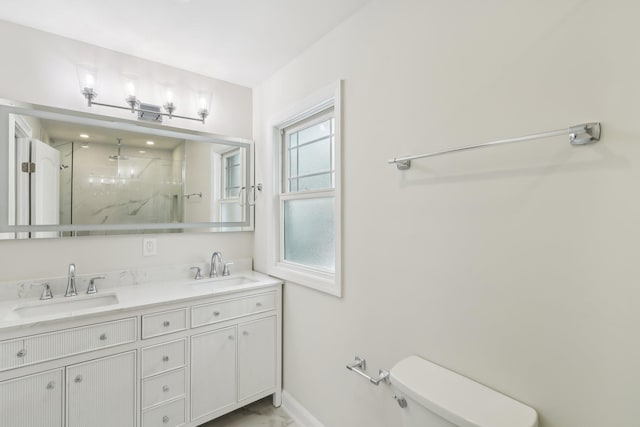 full bath with toilet, a shower stall, double vanity, and a sink