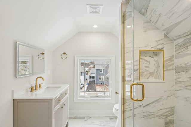 bathroom featuring toilet, visible vents, vaulted ceiling, marble finish floor, and a marble finish shower