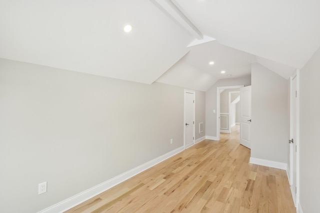 bonus room with vaulted ceiling with beams, recessed lighting, light wood-type flooring, and baseboards