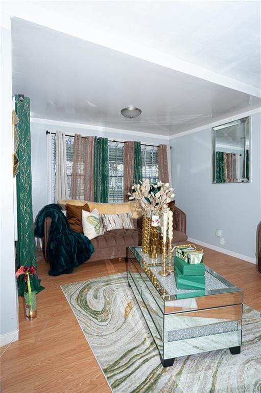 living room with a healthy amount of sunlight, baseboards, and wood finished floors