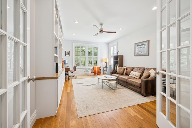 9 Owls Nest Ln, East Hampton, NY 11937 - living area with french doors, ceiling fan, light wood-style floors, and recessed lighting