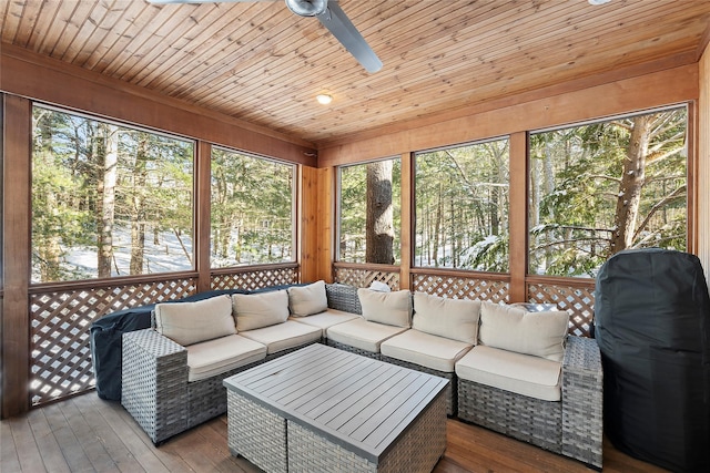 9 Owls Nest Ln, East Hampton, NY 11937 - living room with ceiling fan, wood-type flooring, and wooden ceiling