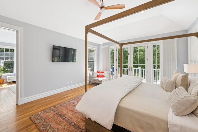 9 Owls Nest Ln, East Hampton, NY 11937 - bedroom featuring access to outside, wood finished floors, baseboards, and a ceiling fan