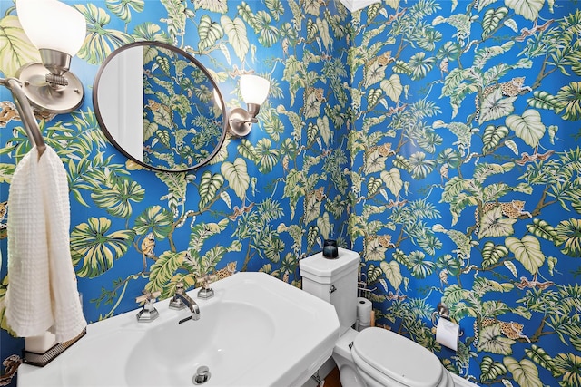 9 Owls Nest Ln, East Hampton, NY 11937 - bathroom featuring wallpapered walls, toilet, and a sink