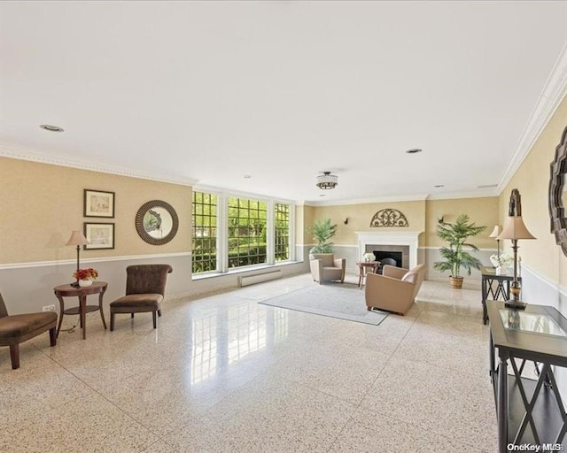 living room with ornamental molding