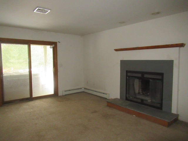 unfurnished living room featuring carpet floors and baseboard heating