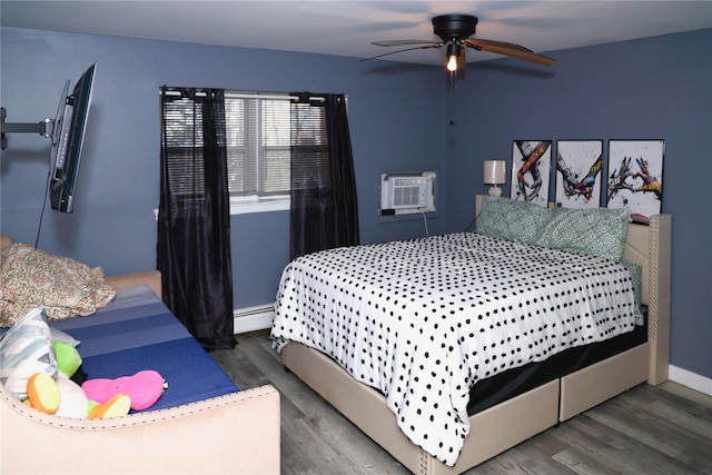 bedroom featuring a baseboard radiator, dark hardwood / wood-style flooring, ceiling fan, and a wall unit AC