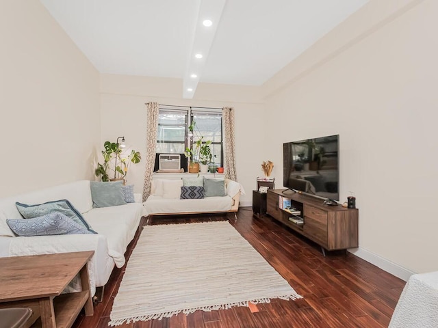 living room with dark wood-type flooring and cooling unit