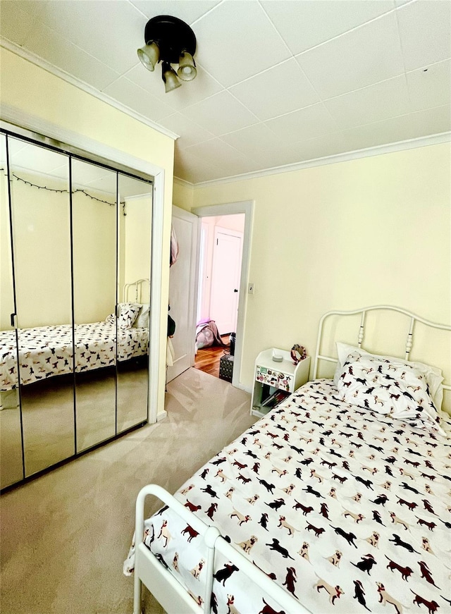 bedroom with a closet, carpet flooring, and crown molding