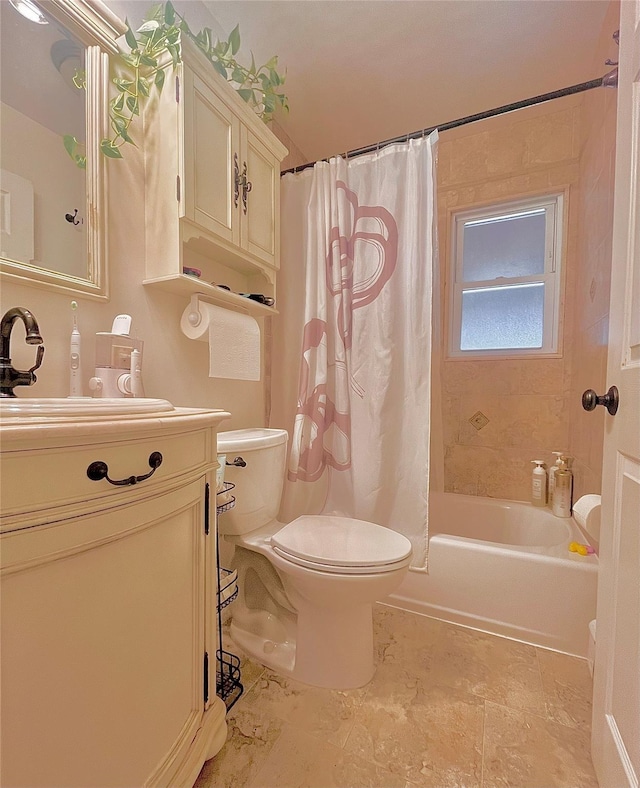 bathroom featuring shower / bath combination with curtain, toilet, and vanity