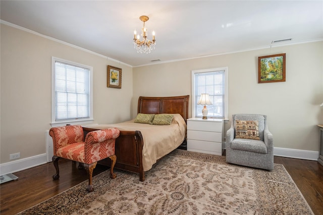 bedroom with multiple windows, crown molding, and dark hardwood / wood-style floors