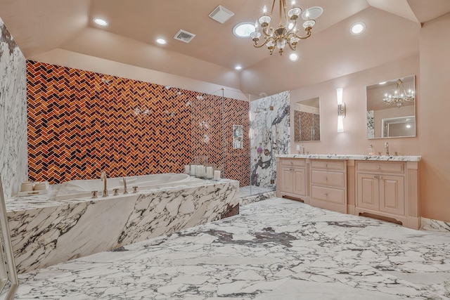 full bathroom featuring vaulted ceiling, double vanity, a garden tub, and visible vents