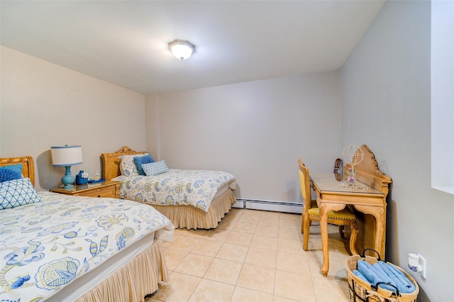 bedroom with light tile patterned floors and a baseboard radiator