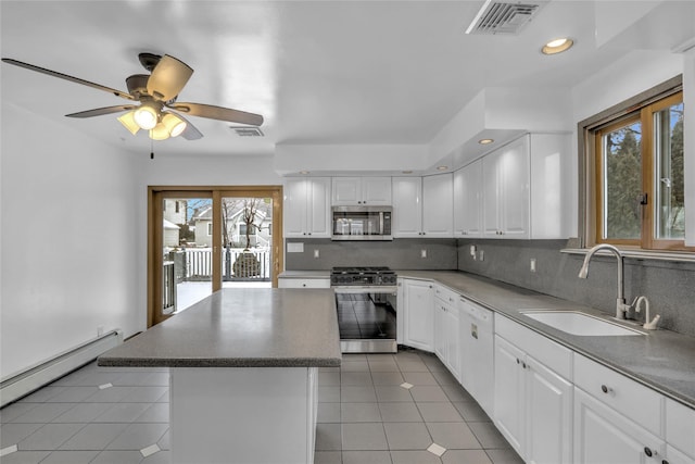 kitchen with appliances with stainless steel finishes, sink, a kitchen island, and white cabinets