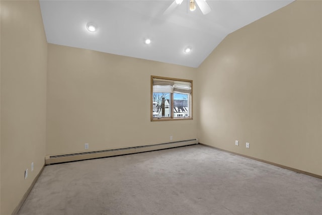 empty room featuring ceiling fan, lofted ceiling, light carpet, and baseboard heating