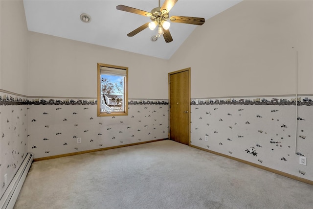 carpeted spare room featuring lofted ceiling, a baseboard radiator, and ceiling fan