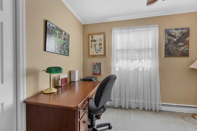 office area with baseboard heating, carpet, and ornamental molding