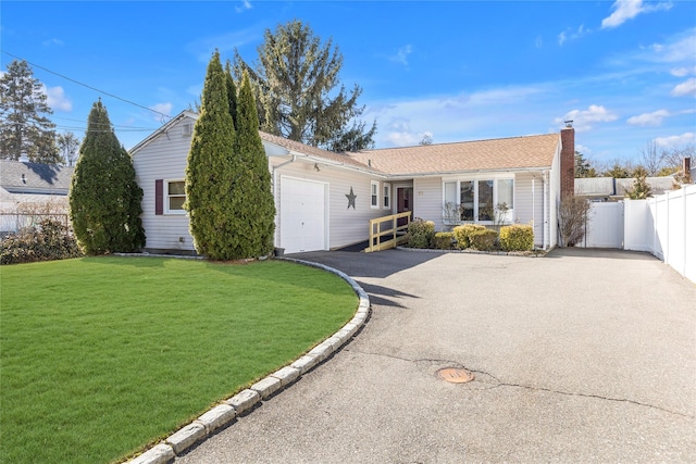 ranch-style home with fence, aphalt driveway, a front yard, a chimney, and a garage