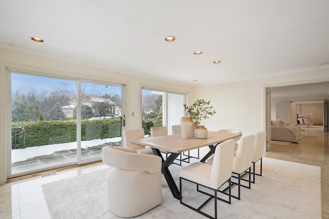 dining room with ornamental molding, visible vents, and recessed lighting
