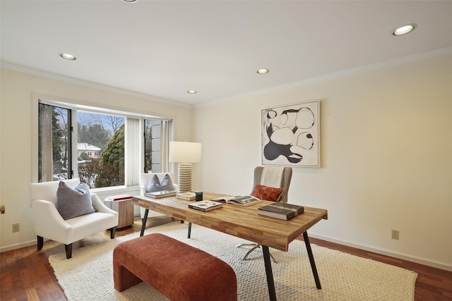 office space with dark wood-type flooring, baseboards, and recessed lighting