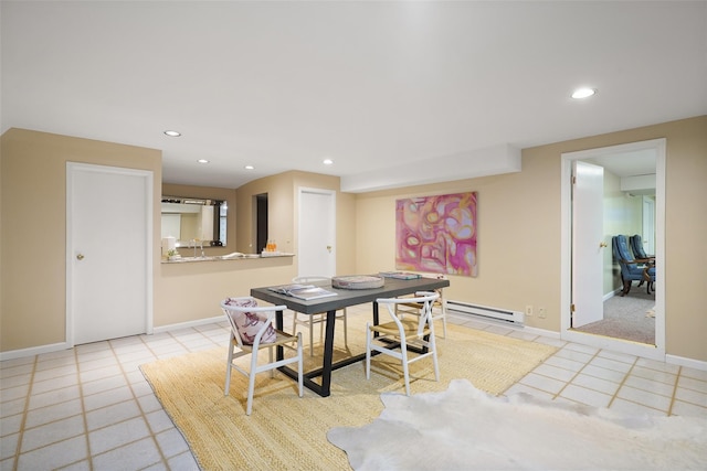 dining area featuring baseboard heating, light tile patterned floors, baseboards, and recessed lighting