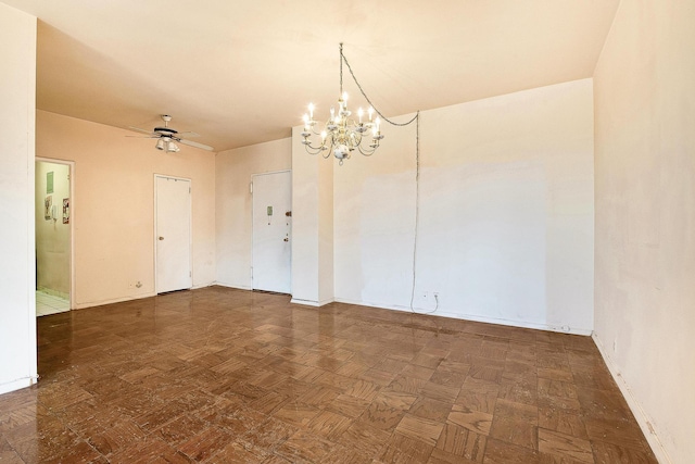 70-25 Yellowstone Blvd Unit 18A, Forest Hills, NY 11375 - unfurnished room featuring a chandelier, ceiling fan, and baseboards