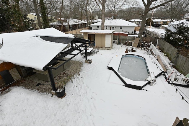 exterior space with a storage shed