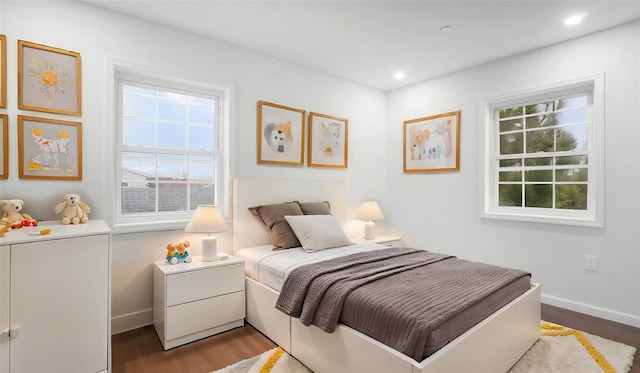 bedroom with dark hardwood / wood-style floors