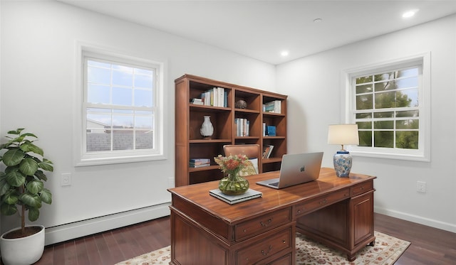 office area with a baseboard radiator, wood-type flooring, and a wealth of natural light