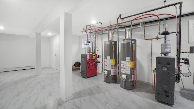 utility room with a baseboard heating unit and gas water heater