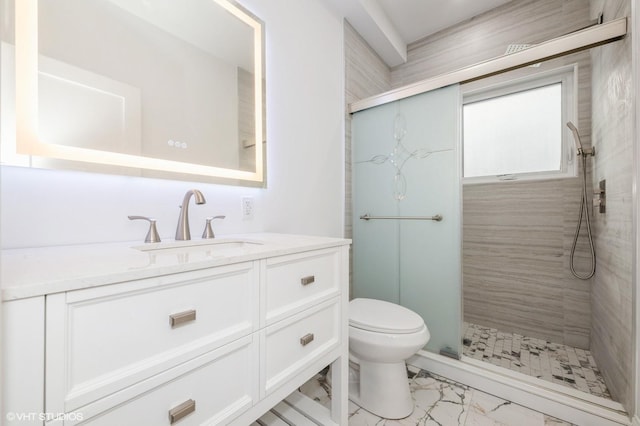 2101 Fir St, Wantagh, NY 11793 - full bath featuring a stall shower, vanity, and marble finish floors